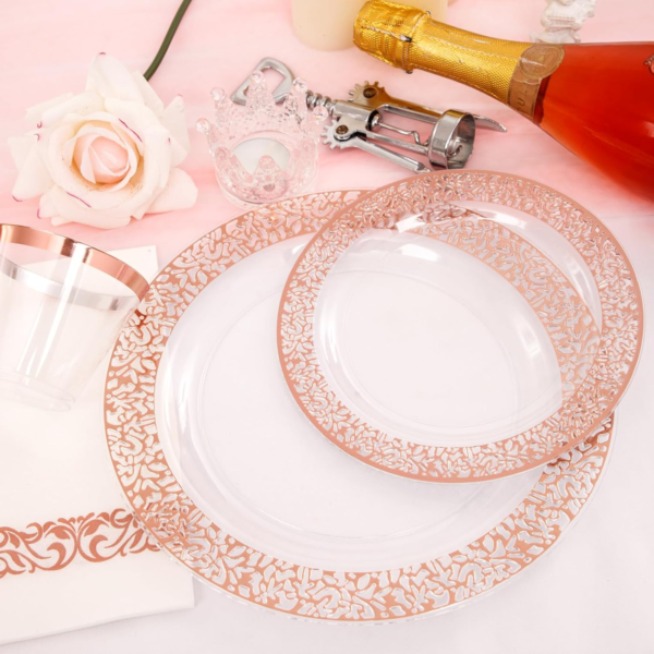 Clear Rose Gold Dark Plastic Plates, Disposable Plates for , Dinnerware Include 50 Dinner Plates 50 Dessert Plates, 50 Cups, 50 Pre Rolled Napkins with Cutlery Set for Party — view 13