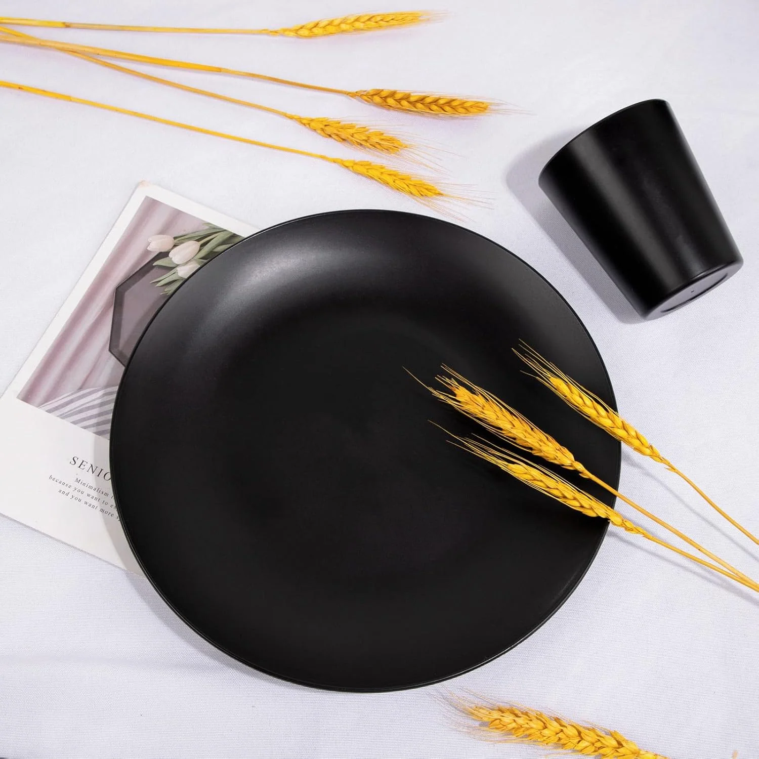 Black Wheat Straw Dinnerware With Sets,Unbreakable Dinner Plates for 8,Microwave Dishwasher Safe,Reusable ,Set Plates, Bowls, Cups. — view 15