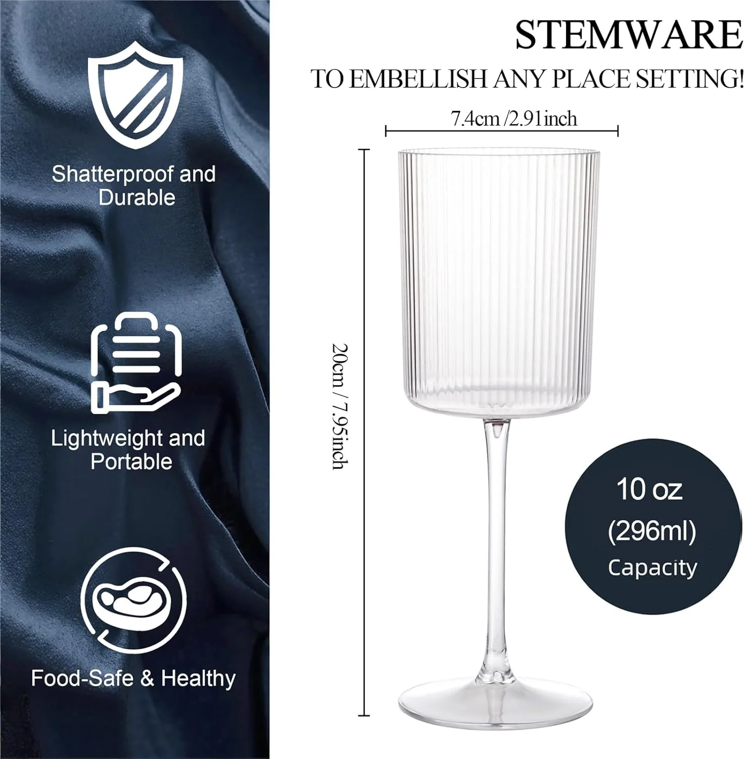 Ribbed Square Wine Glasses, Plastic Stem, Clear Design (10 oz, 12 Pack) — view 13