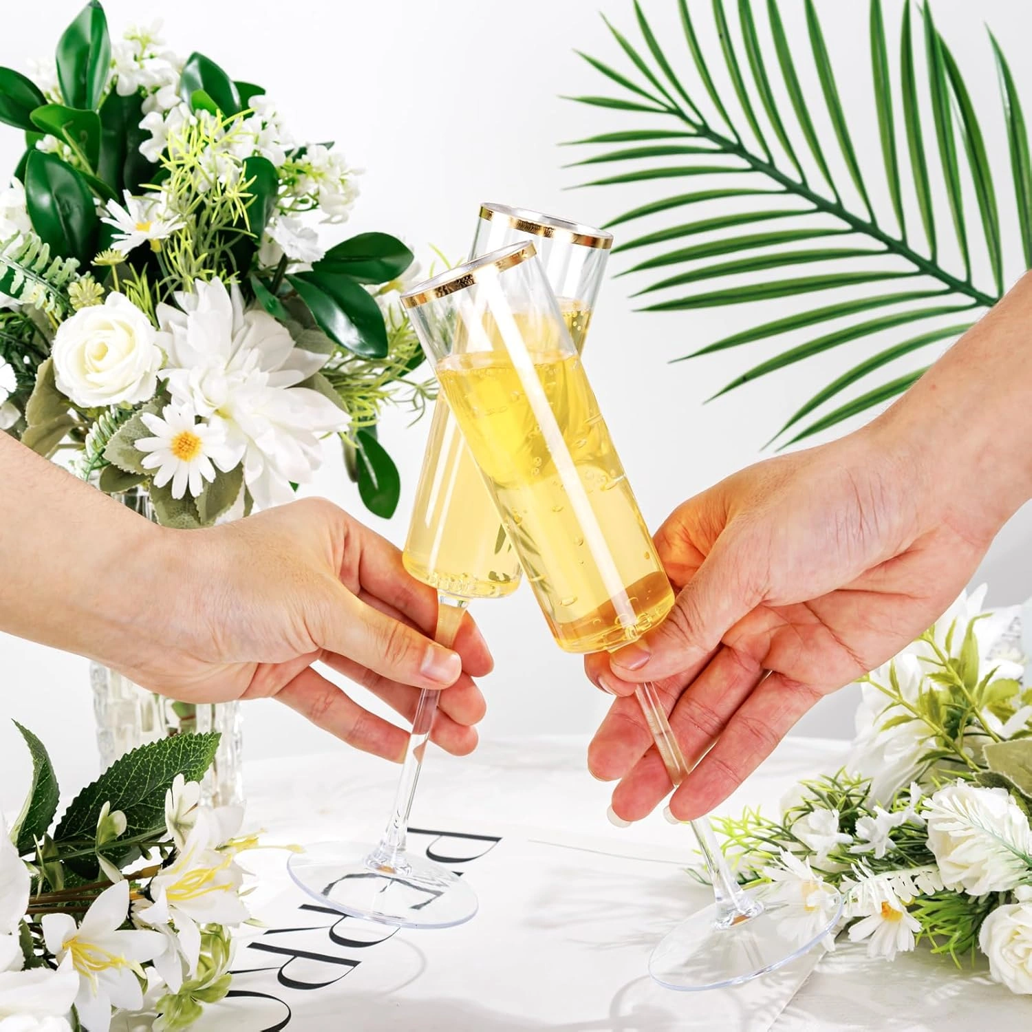 Gold Rim Square Plastic Champagne Flutes, Clear Design (6 oz) — view 14