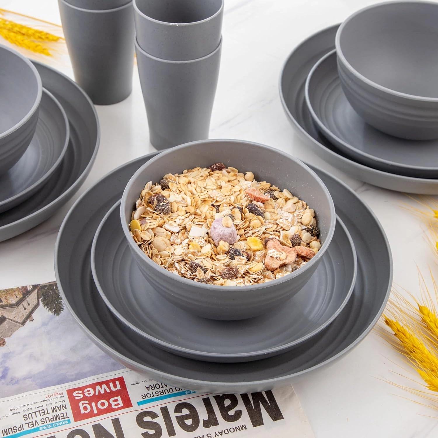 Dark Grey Wheat Straw Dinnerware Sets,Unbreakable Dinner Plates for 8,Microwave Dishwasher Safe,Reusable ,Set Plates, Bowls, Cups. — view 12