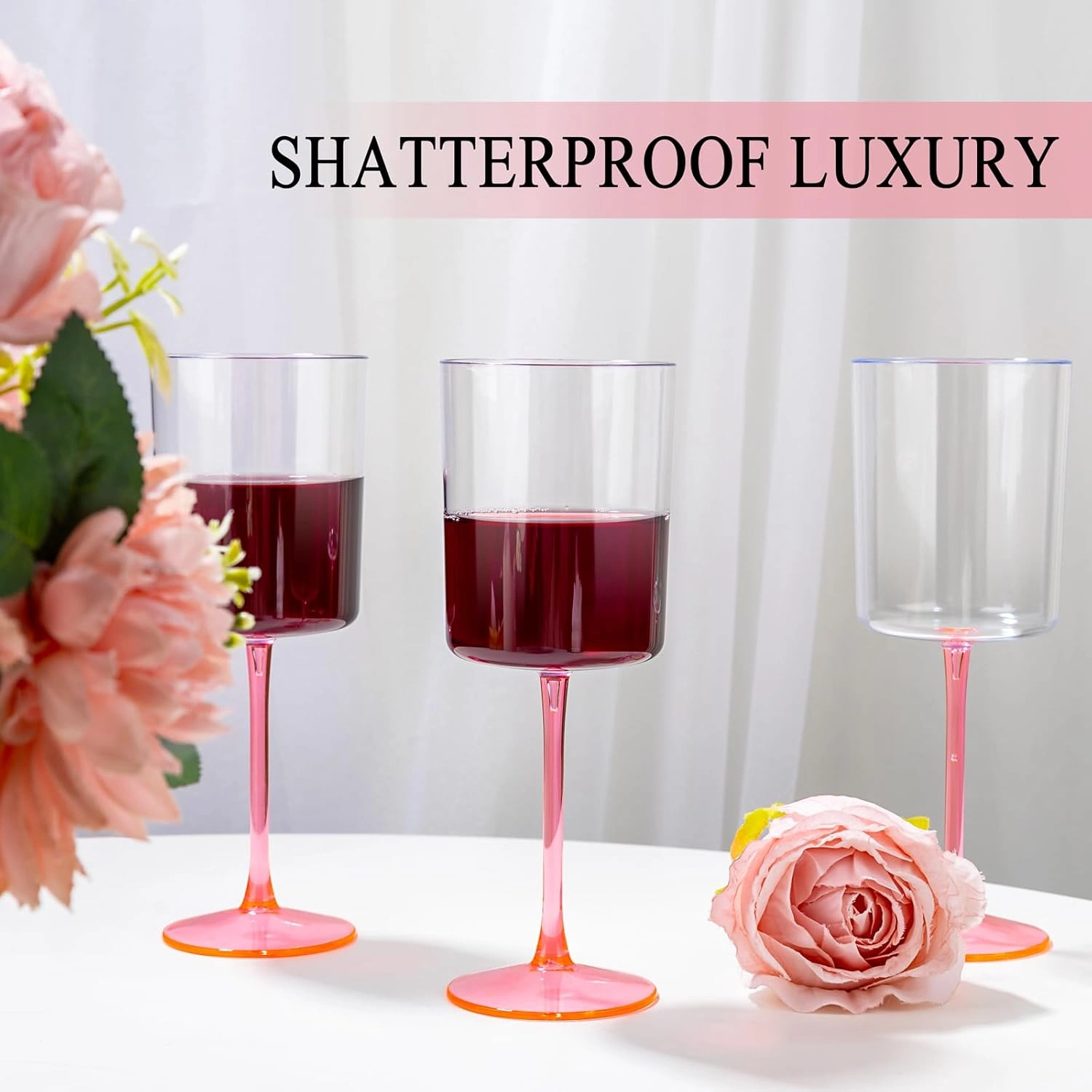 Clear Plastic Wine Glasses with Pink Stem (10 oz, 12 Pack) — view 15