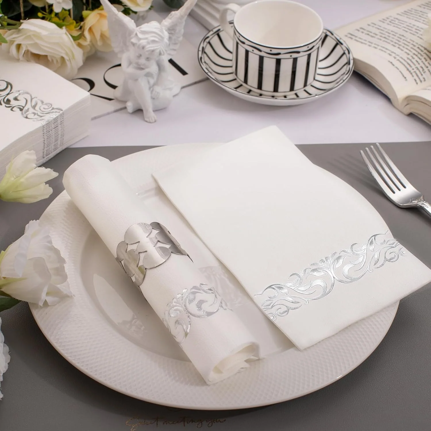 White And Silver Napkins Disposable-3ply Paper Napkins Rim — view 13
