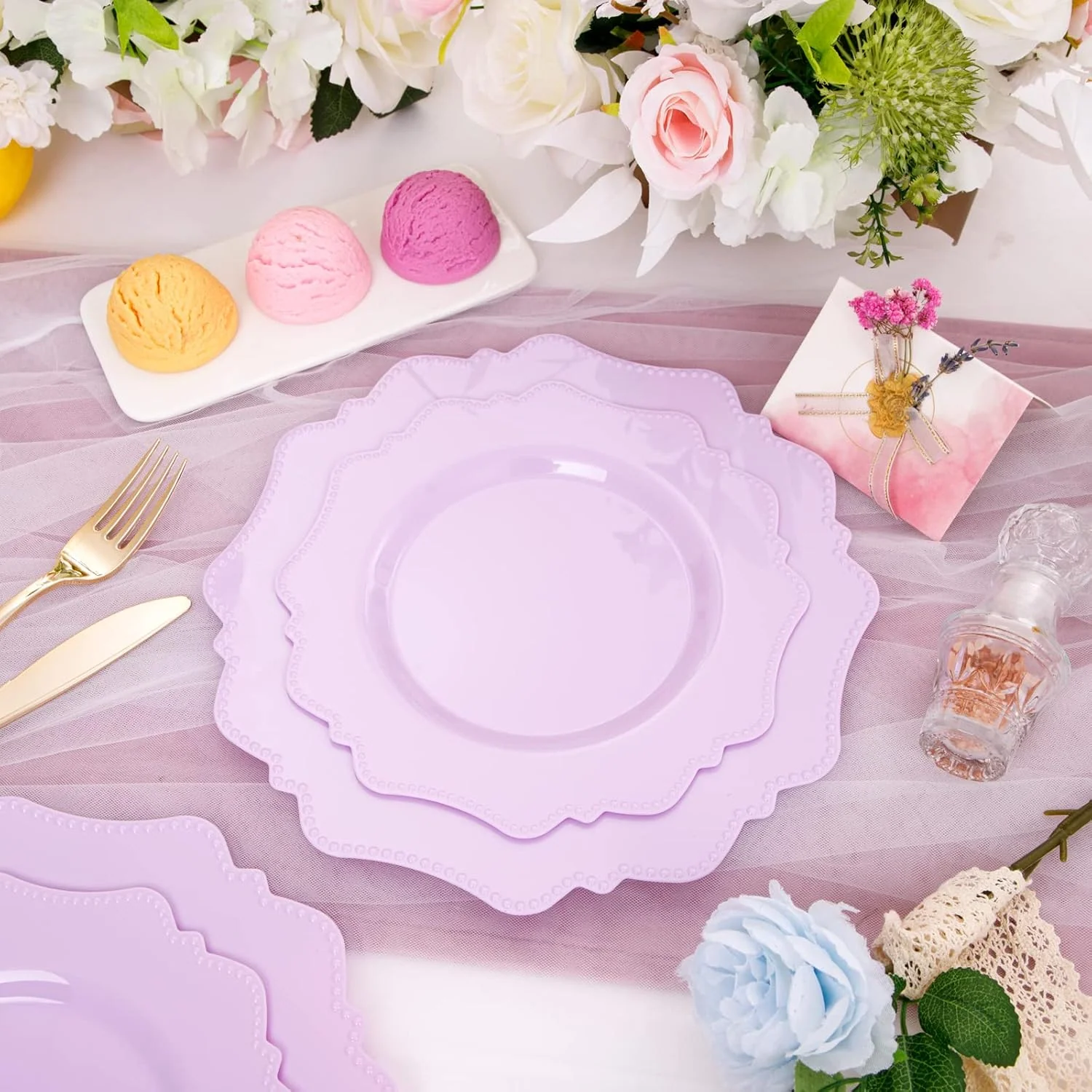 Purple Disposable Plastic Plates-Heavy duty plate for party/wedding/anniversary 30 dinner plates and 30 dessert/salad plates — view 9