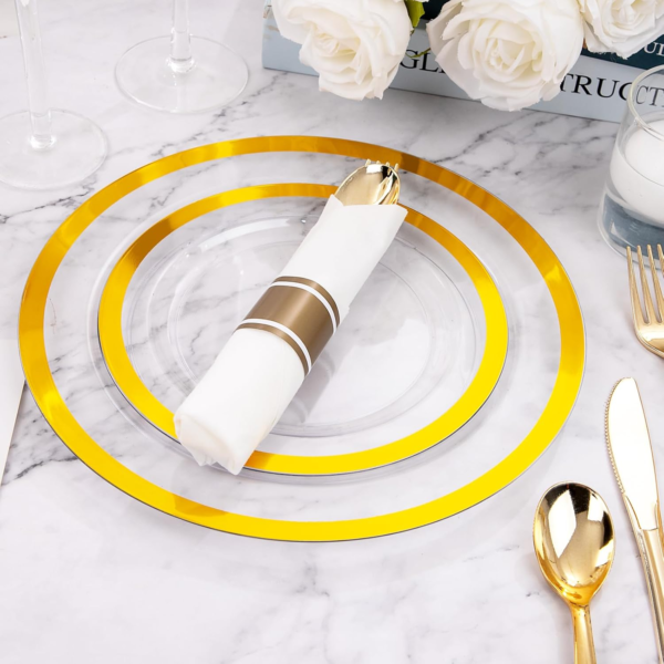 Clear Gold Dark Plastic Plates, Disposable Plates for , Dinnerware Include 50 Dinner Plates 50 Dessert Plates, 50 Cups, 50 Pre Rolled Napkins with Cutlery Set for Party — view 14