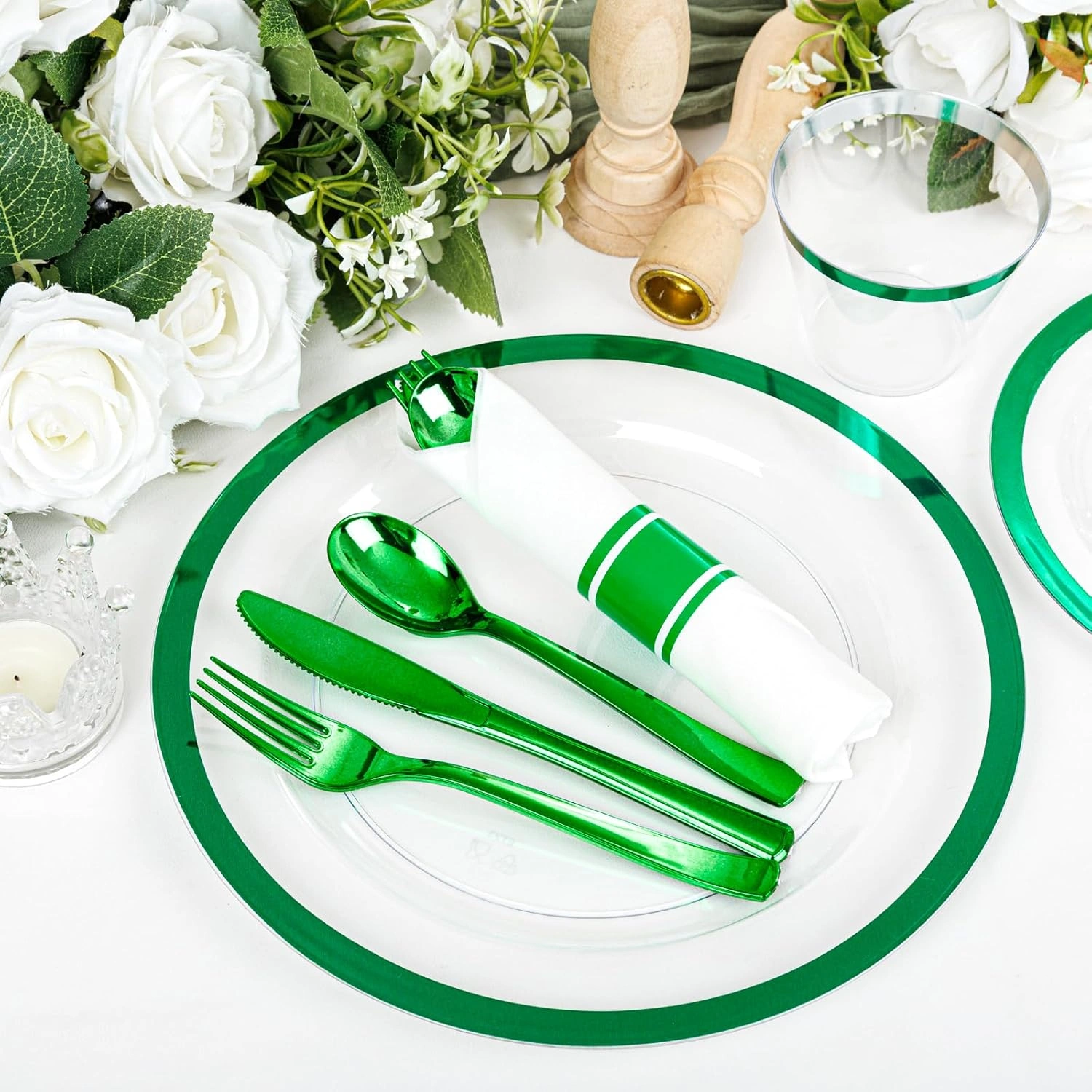 Clear Green Dark Plastic Plates, Disposable Plates for , Dinnerware Include 50 Dinner Plates 50 Dessert Plates, 50 Cups, 50 Pre Rolled Napkins with Cutlery Set for Party — view 16
