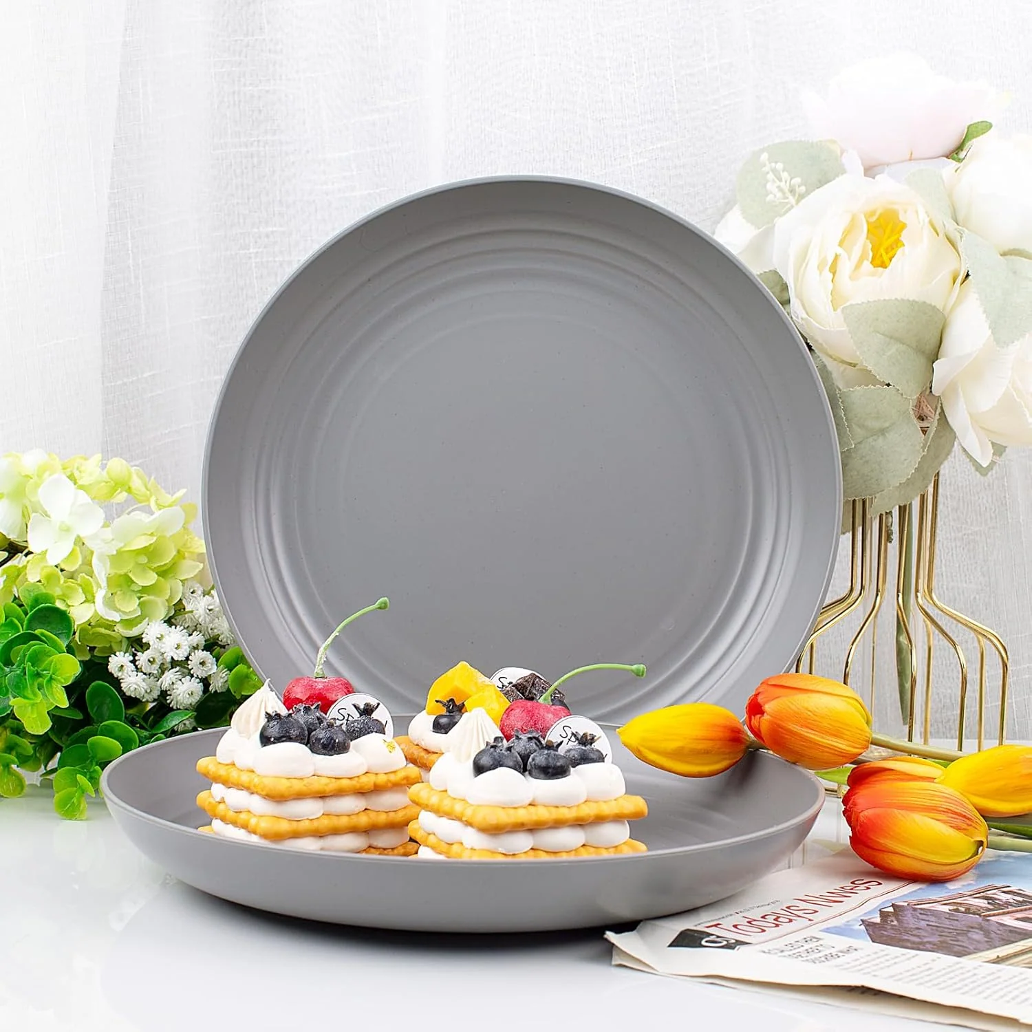 Dark Grey Wheat Straw Plates,Deep Dinner Plastic Plates,Reusable Plates,10 inch Unbreakable Plates Set,Lightweight Microwave Dishwasher Safe,Plastic Plates for Picninc,Camping, RC366-1 — view 14