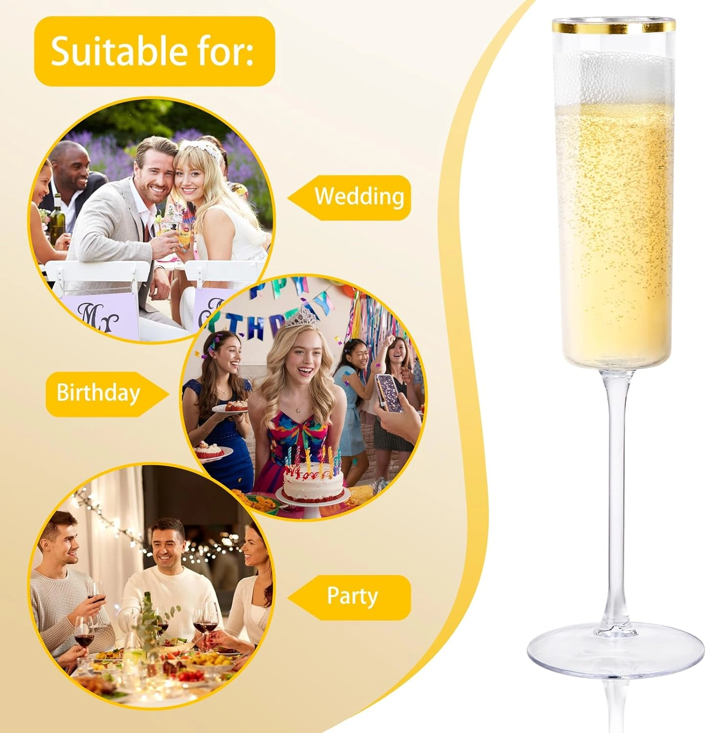 Gold Rim Square Plastic Champagne Flutes, Clear Design (6 oz) — view 16