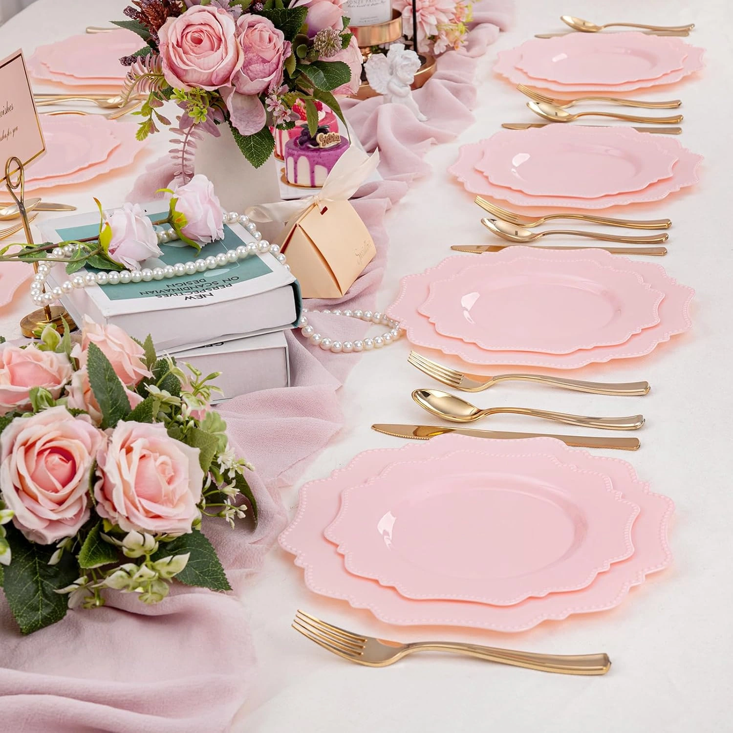 Pink Disposable Plastic Plates-Heavy duty plate for party/wedding/anniversary 30 dinner plates and 30 dessert/salad plates — view 15