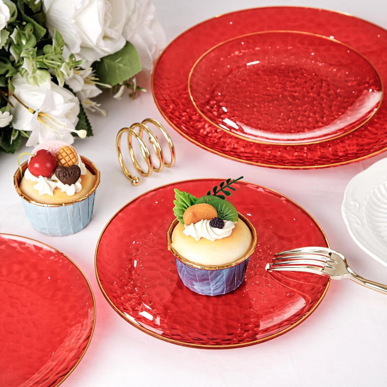 Clear Red Gold Plastic Plates,Disposable Plates With Rim,Heavy-duty Plates,Hammered Party Plates Include 30Clear Dessert-Platos,30Dinner-Platos for Wedding, Party (60 Pieces) — view 15