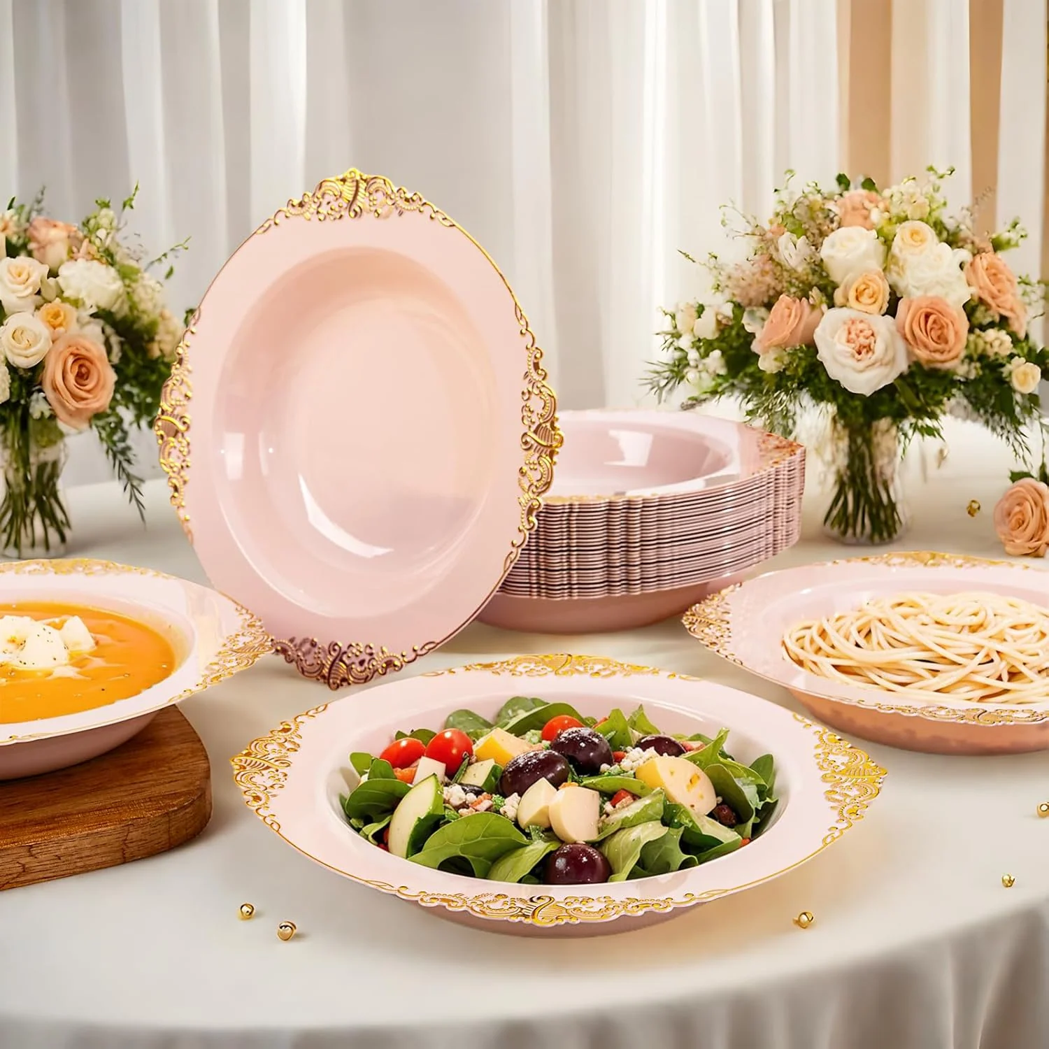 Pink Plastic Bowls- 12 oz White Disposable Salad Bowls — view 12