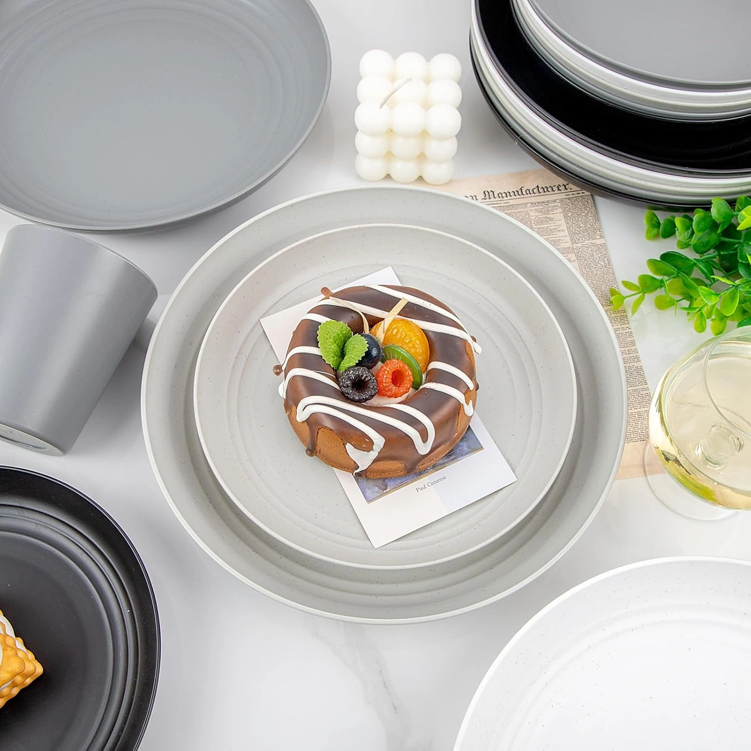 White & Black & Grey & Dark Grey Wheat Straw Dinnerware Sets,Unbreakable Dinner Plates for 8,Microwave Dishwasher Safe,Reusable ,Set Plates, Bowls, Cups. — view 12