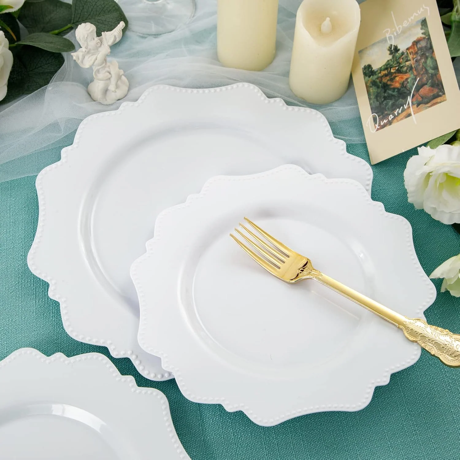 White Disposable Plastic Plates-Heavy duty plate for party/wedding/anniversary 30 dinner plates and 30 dessert/salad plates — view 15