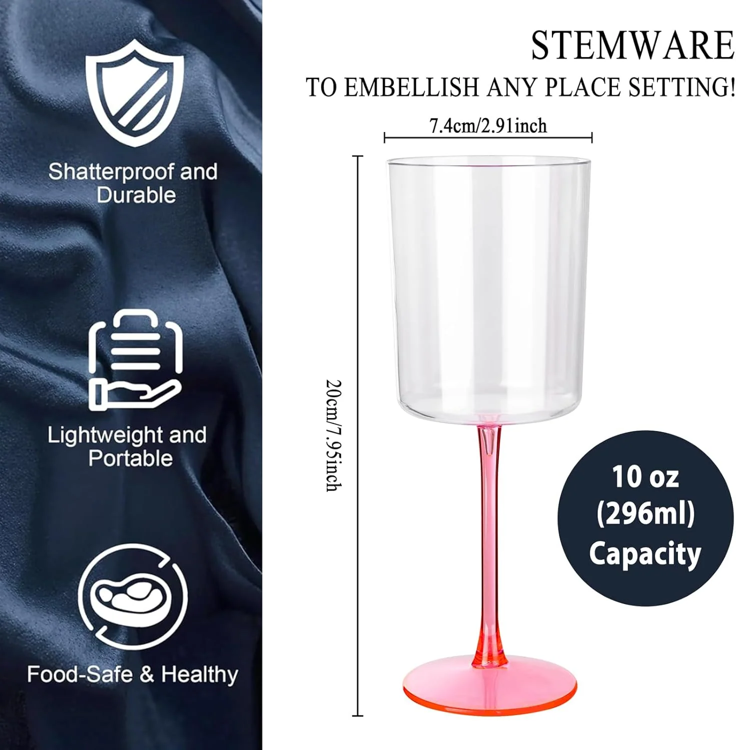 Clear Plastic Wine Glasses with Pink Stem (10 oz, 12 Pack) — view 13