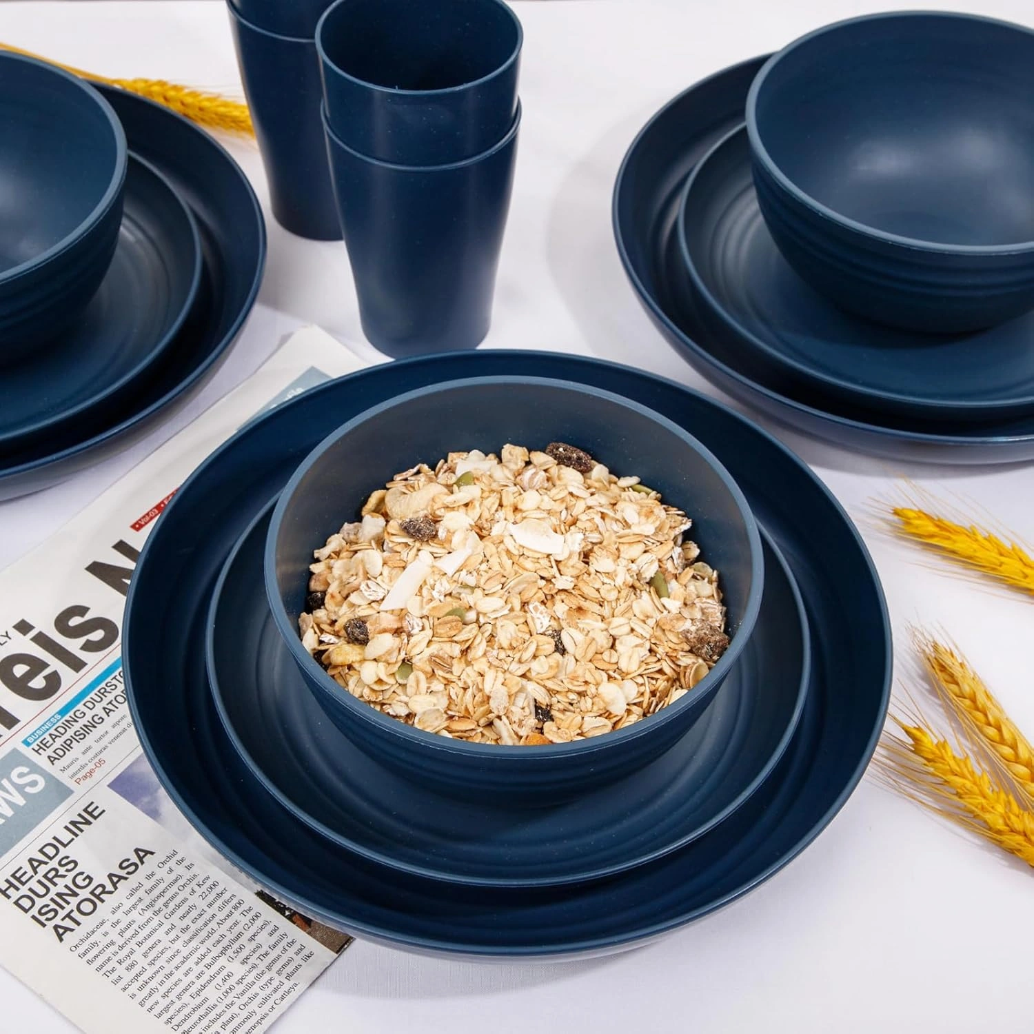 Dark BlueWheat Straw Dinnerware Sets for 8,Microwave Dishwasher Safe,Unbreakable ,Reusable Tableware Set,Beige Set Plates, Bowls, Cups. — view 12