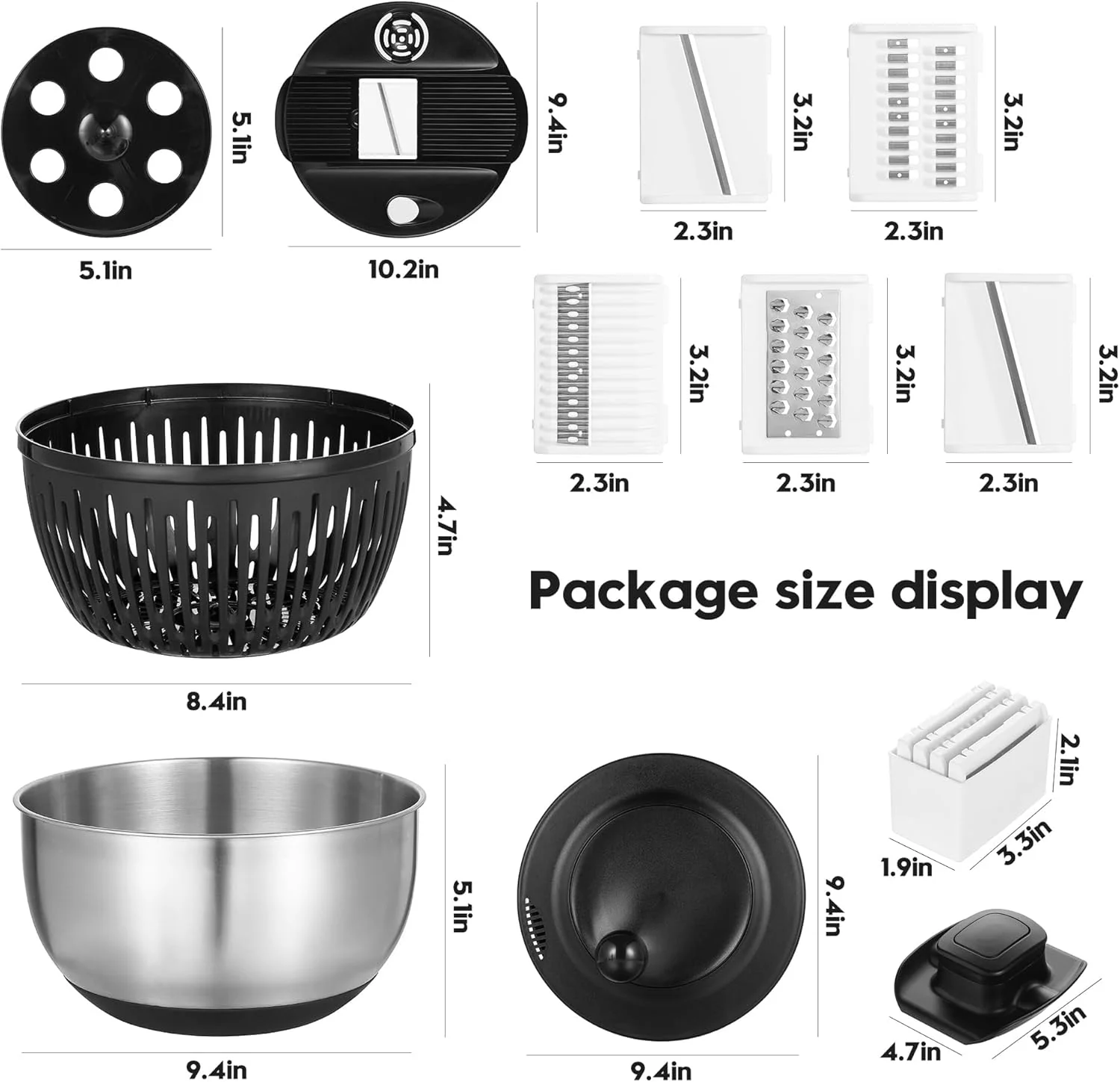 Luxury Black Salad Spinner Stainless Steel Large,Vegetable Washer with 5.3 Qt Bowl,Salad Chopper Bowl,Nesting Bowls with Graters,Large Mixing Bowl Bowls for Kitchen With 5 Grater — view 11