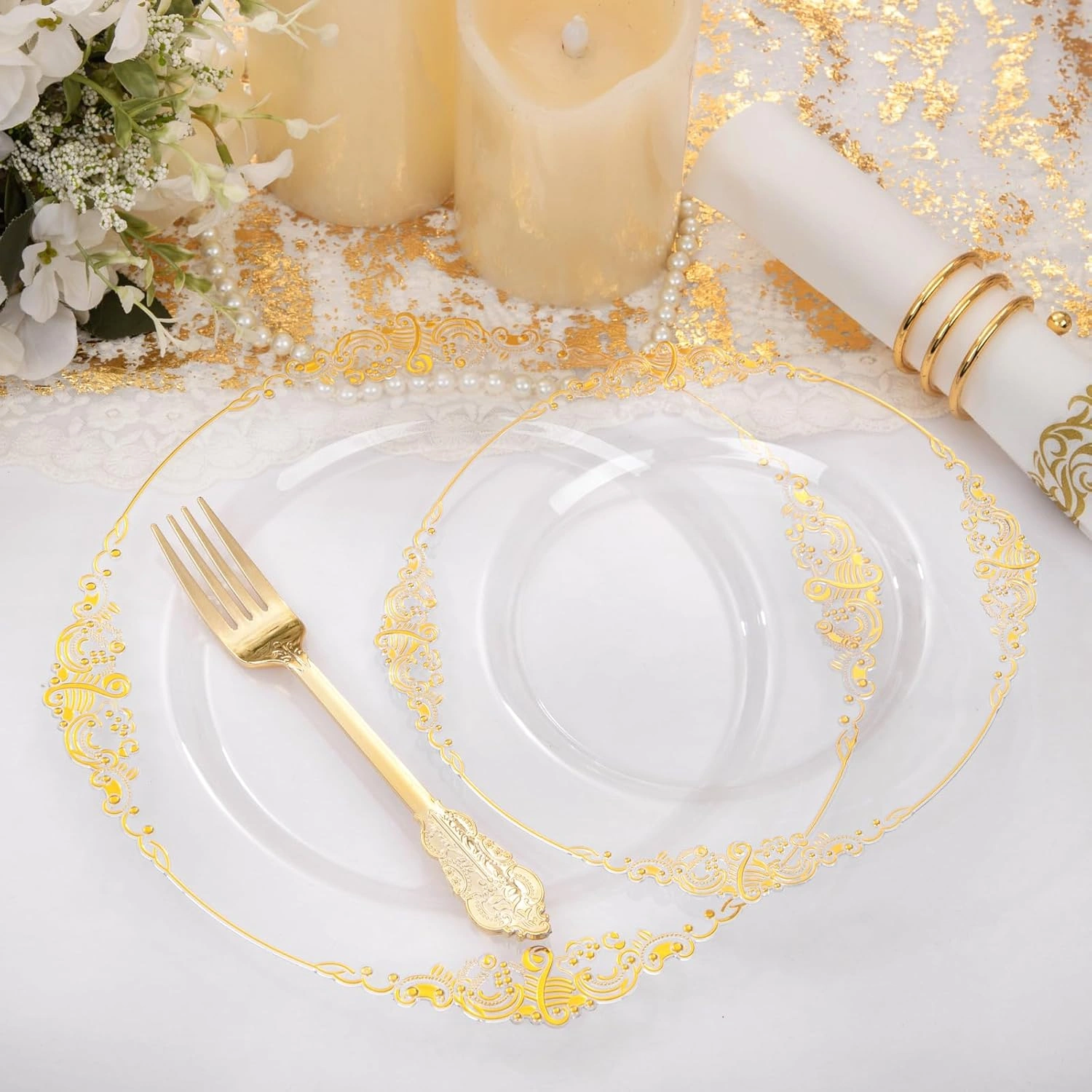 Clear Gold Dinnerware Set for 50 Guests — view 12