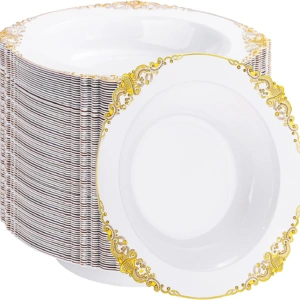 Gold Plastic Bowls- 12 oz White Disposable Salad Bowls — view 11