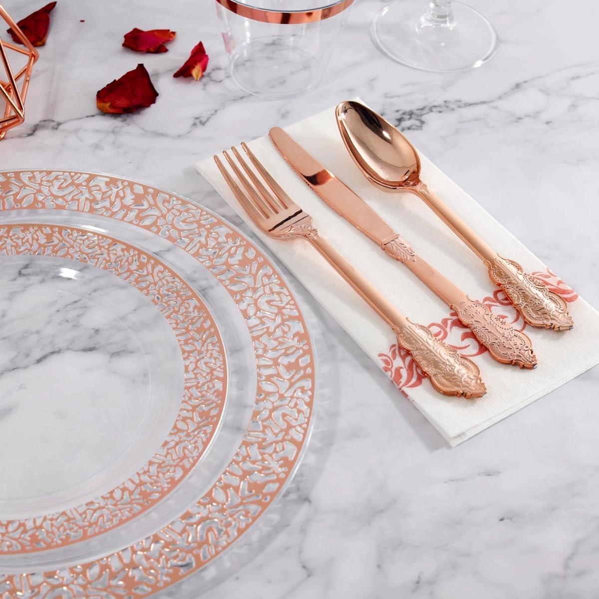 Clear Rose Gold Dark Plastic Plates, Disposable Plates for , Dinnerware Include 50 Dinner Plates 50 Dessert Plates, 50 Cups, 50 Pre Rolled Napkins with Cutlery Set for Party — view 12