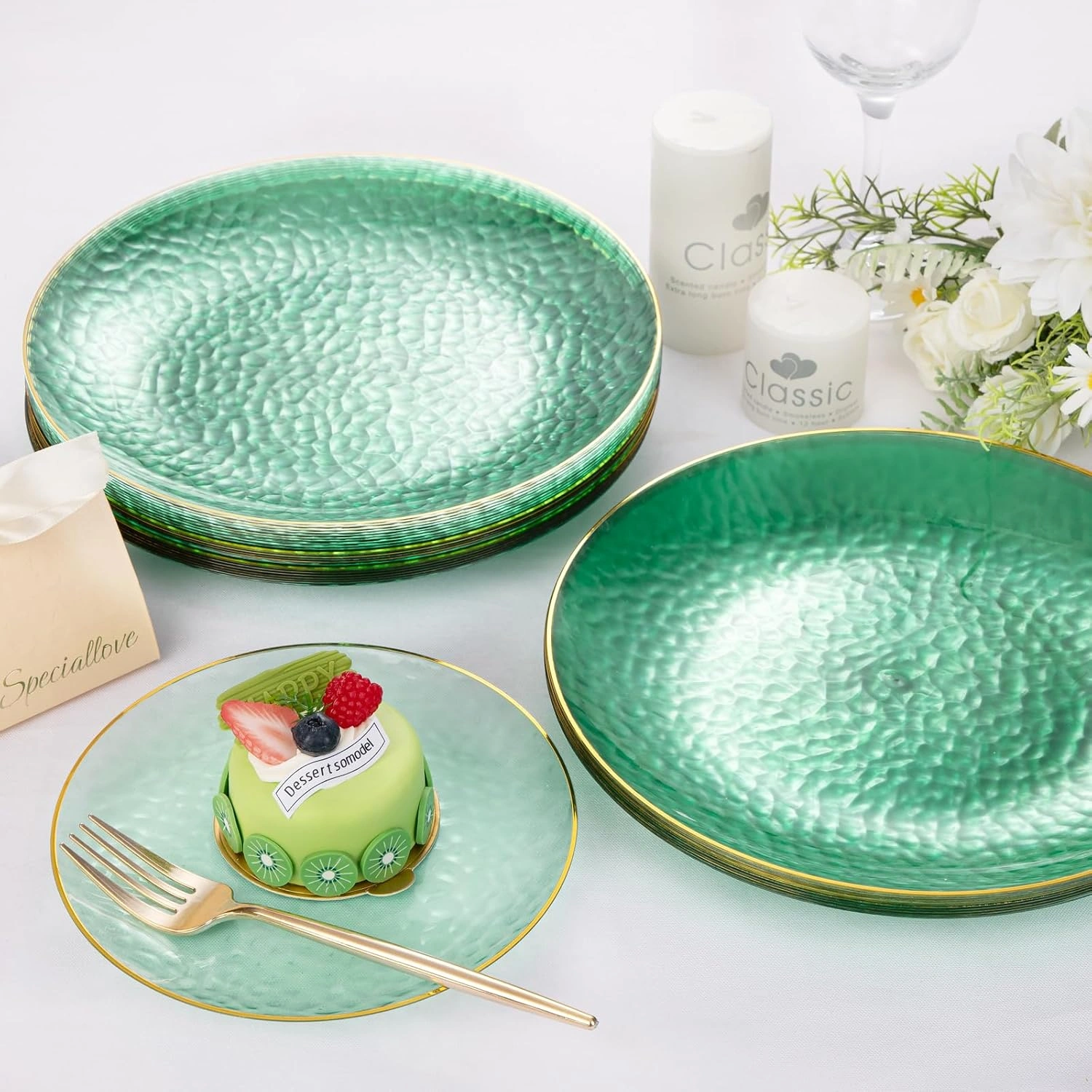 Clear Green Gold Plastic Plates,Disposable Plates With Rim,Heavy-duty Plates,Hammered Party Plates Include 30Clear Dessert-Platos,30Dinner-Platos for Wedding, Party — view 13