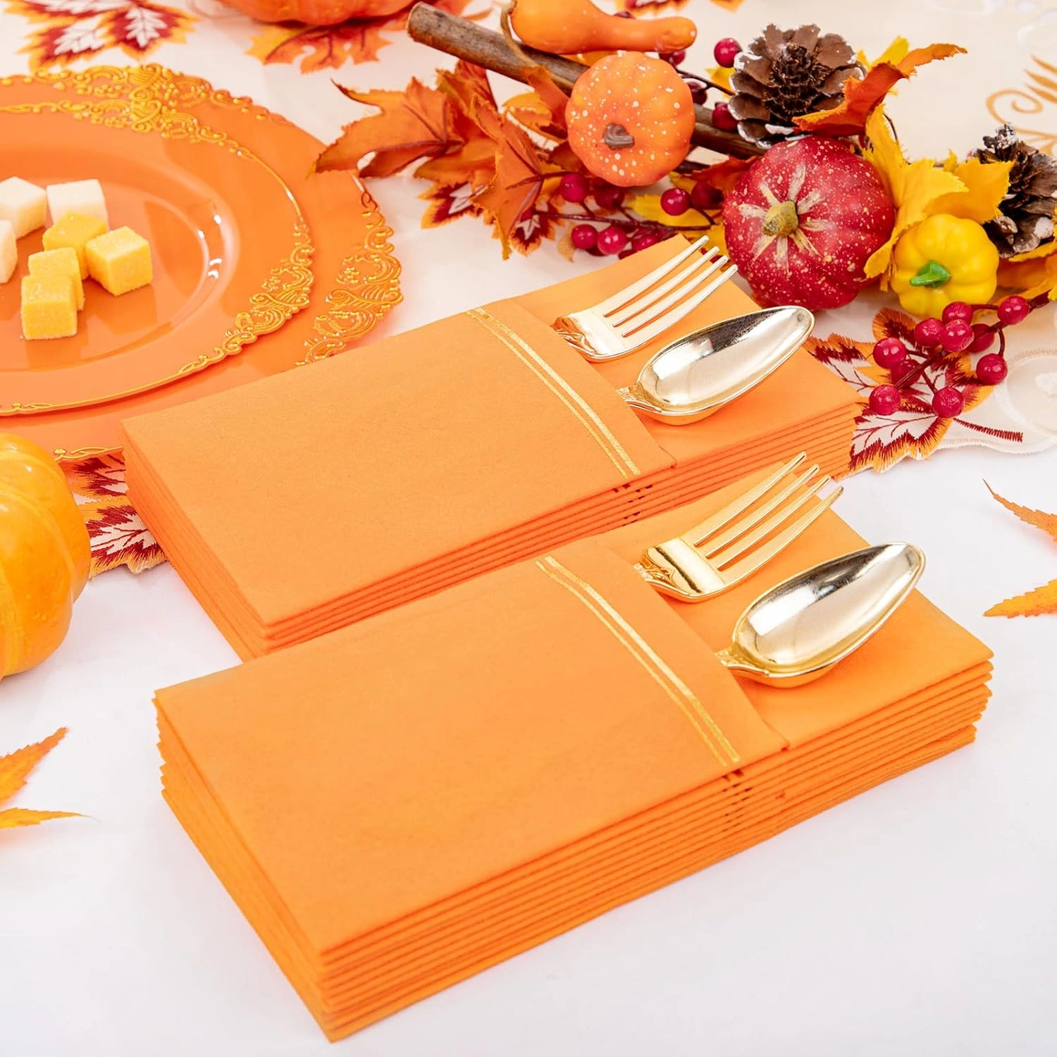 Orange Paper Napkins with Built-in Flatware Pocket — view 12