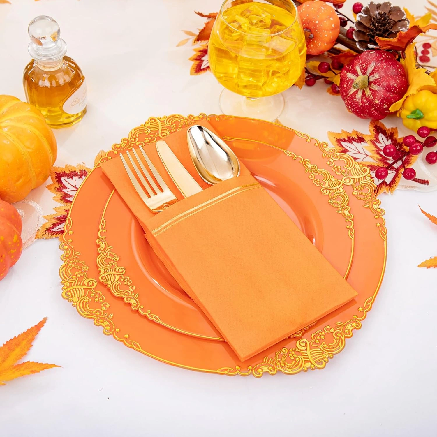 Orange Paper Napkins with Built-in Flatware Pocket — view 15