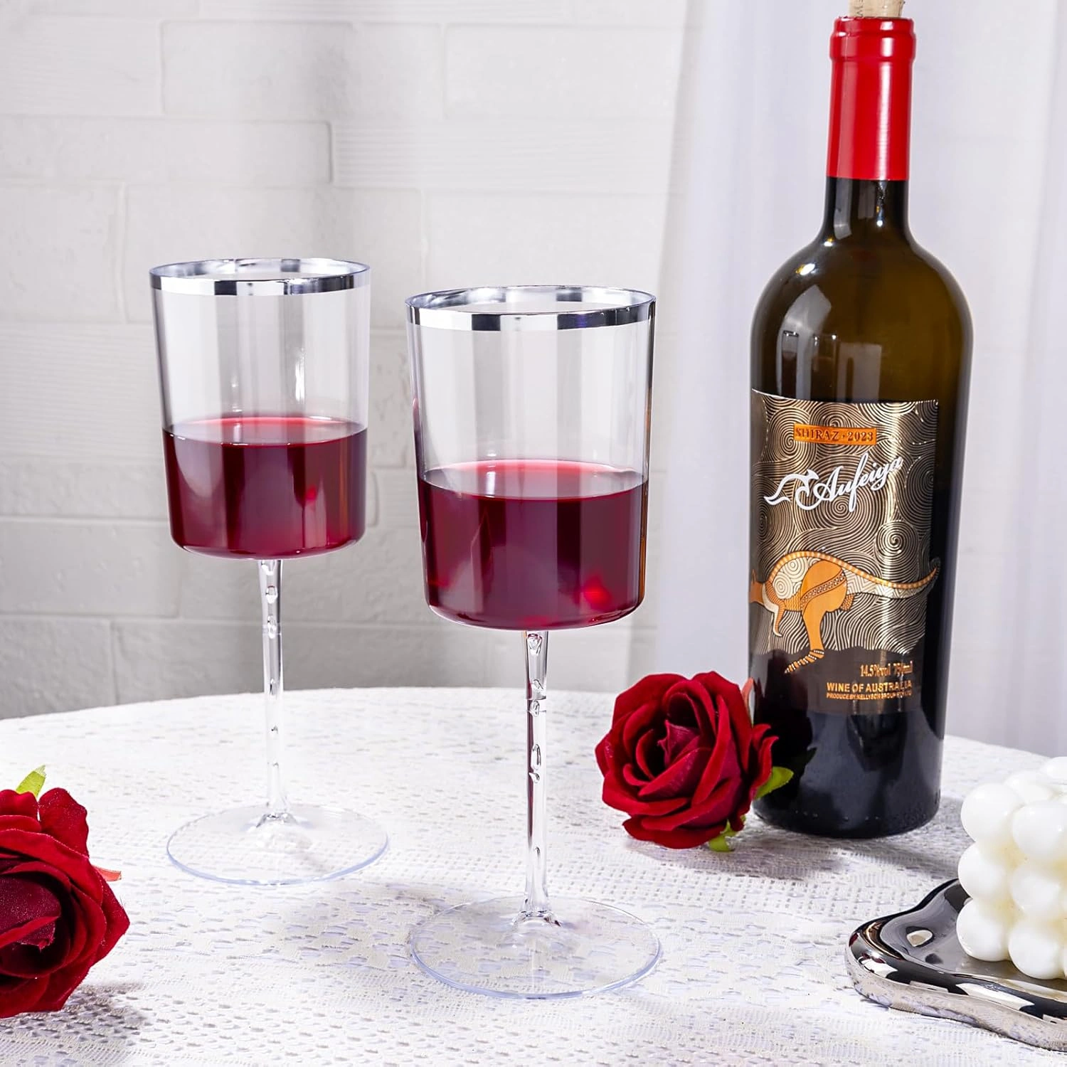 Square Silver Rim Stemmed Plastic Wine Glasses, Clear Design (14 oz) — view 15