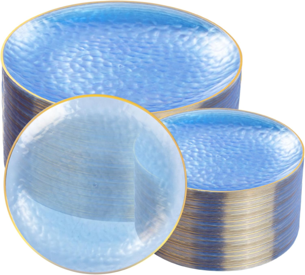 Clear Blue Gold Plastic Plates,Disposable Plates With Rim,Heavy-duty Plates,Hammered Party Plates Include 30Clear Dessert-Platos,30Dinner-Platos for Wedding, Party — view 8