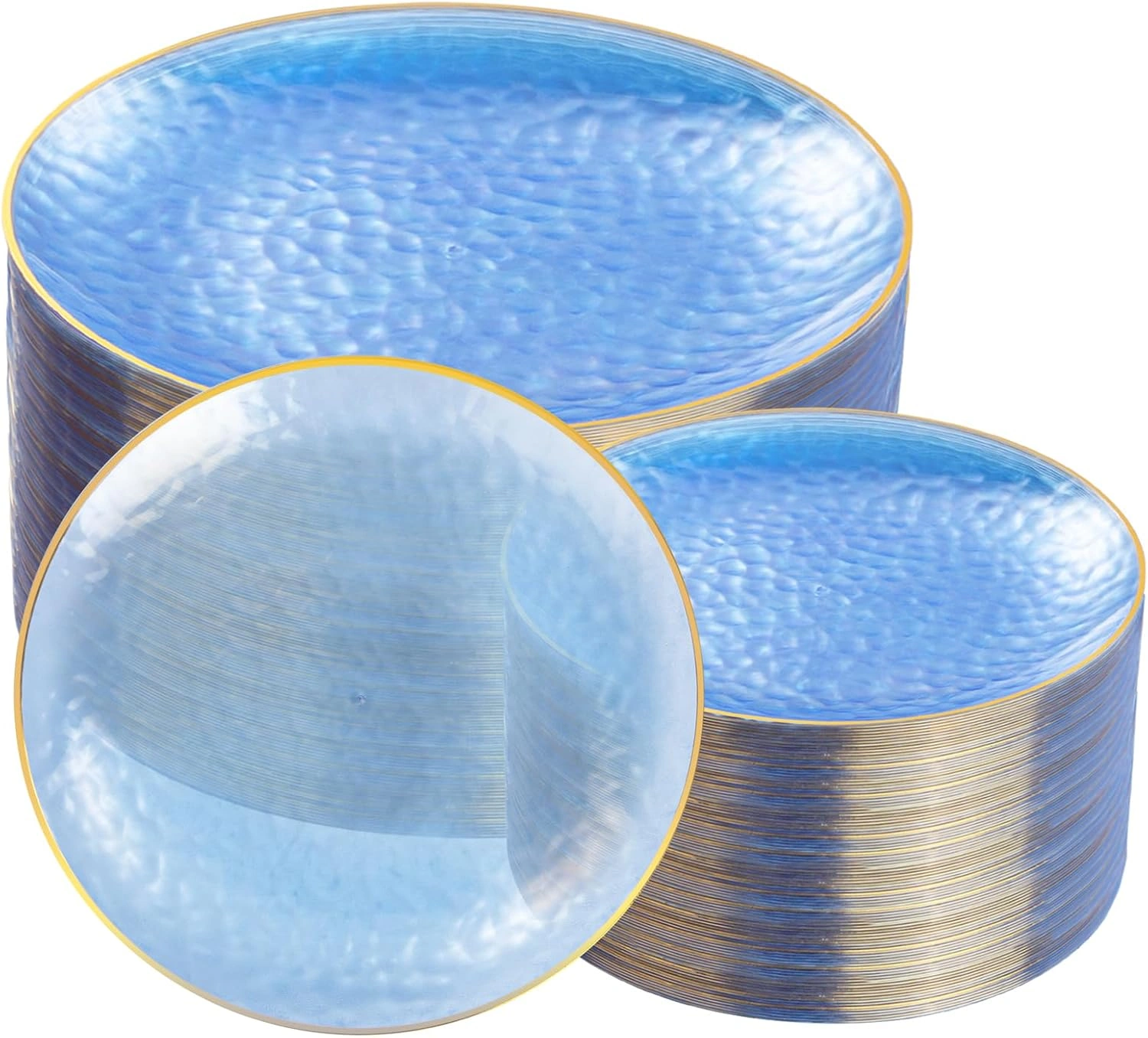 Clear Blue Gold Plastic Plates,Disposable Plates With Rim,Heavy-duty Plates,Hammered Party Plates Include 30Clear Dessert-Platos,30Dinner-Platos for Wedding, Party — view 8