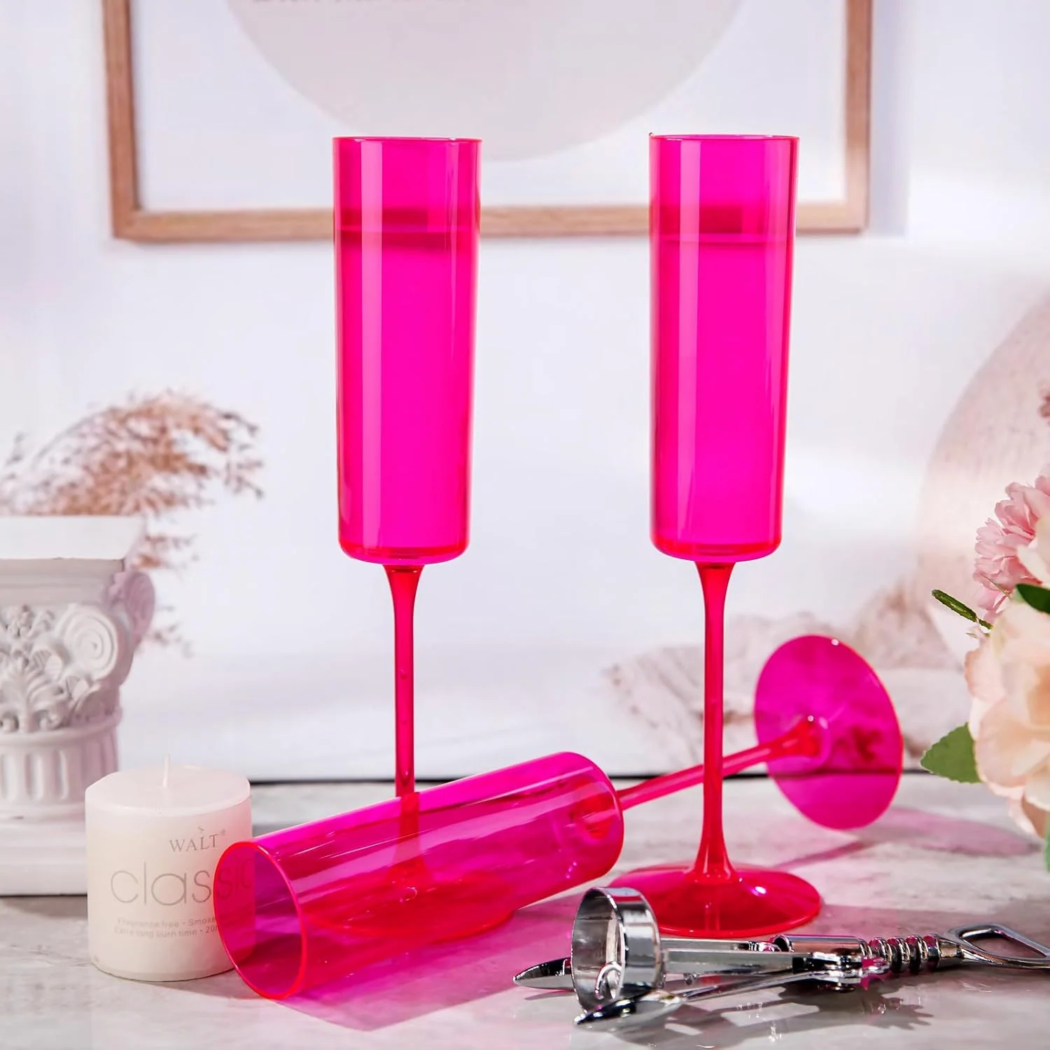 Hot Pink Square Plastic Champagne Flutes, Steammed, Clear Design (6 oz) — view 14