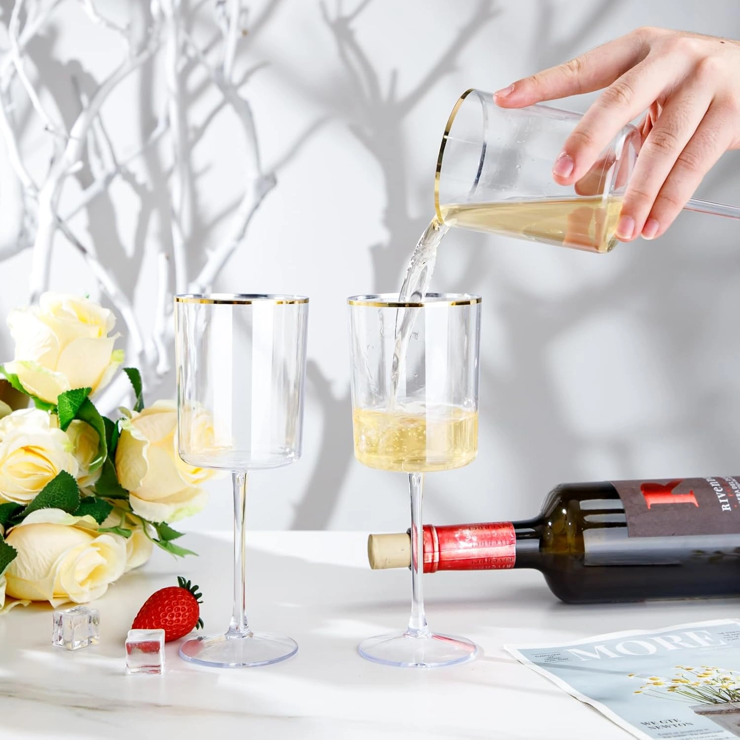 Plastic Stemmed Wine Glasses, Gold Rim, Clear Design (10 oz, 12 Pack) — view 14