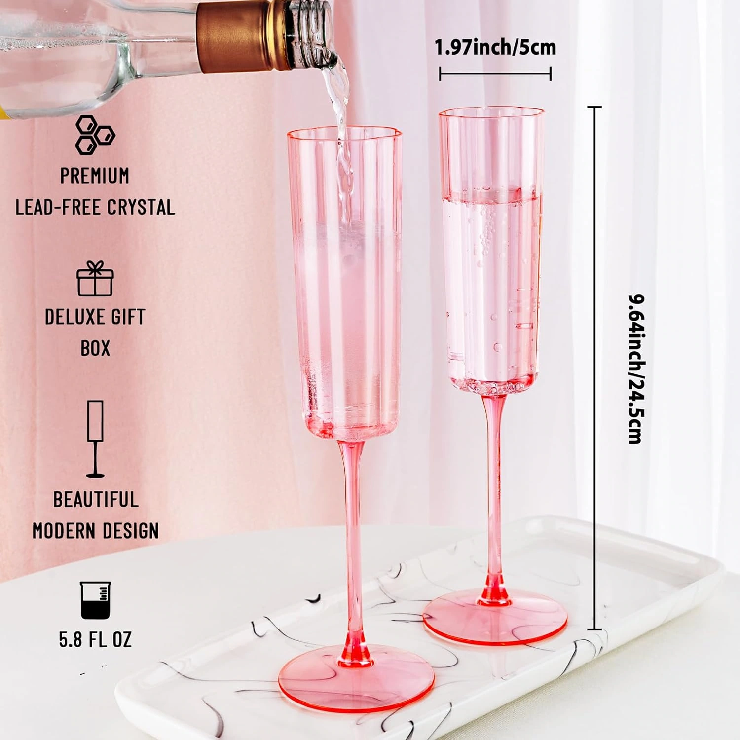 Pink Plastic Champagne Flutes, Long Stem,Clear, Vintage Flower Design (6 oz, 24 Pack) — view 13