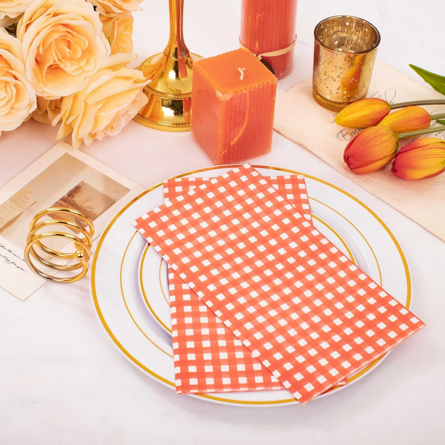 Orange Gingham Paper Napkins — view 12