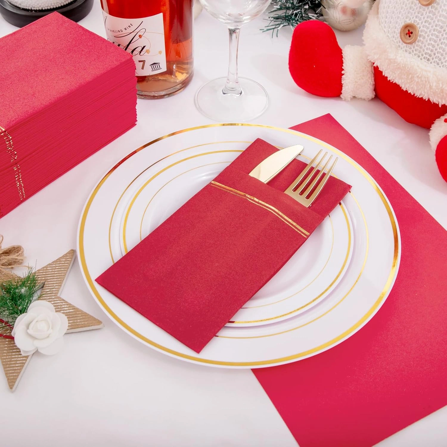 Red Paper Napkins with Built-in Flatware Pocket — view 12