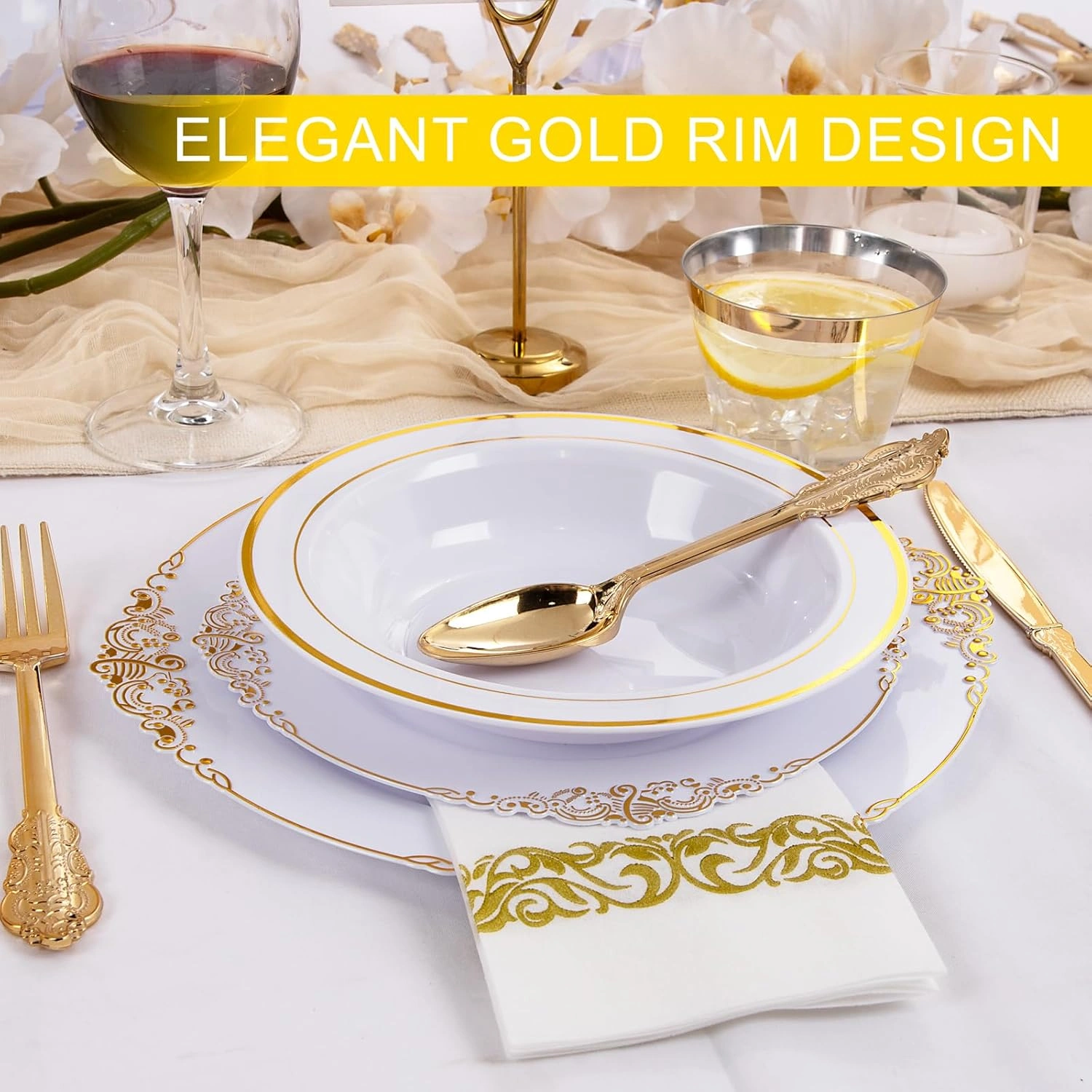 White Plastic Bowls with Gold Rim — view 15