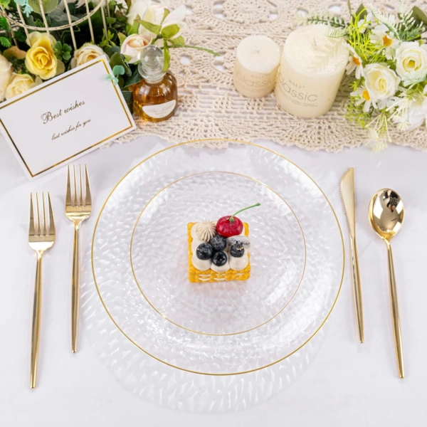 Clear Gold Plastic Plates,Disposable Plates With Rim,Heavy-duty Plates,Hammered Party Plates Include 30Clear Dessert-Platos,30Dinner-Platos for Wedding, Party — view 14