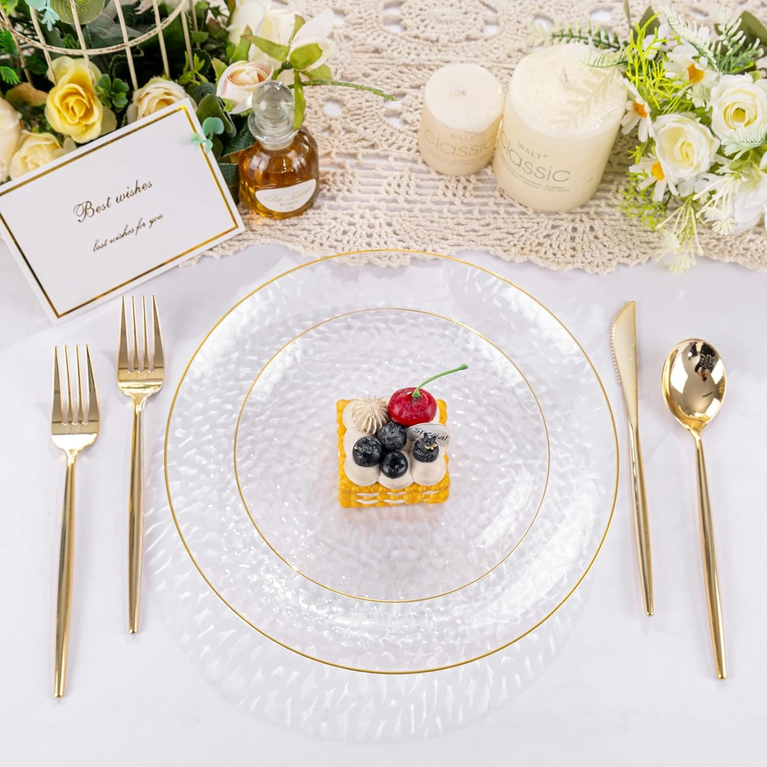 Clear Gold Plastic Plates,Disposable Plates With Rim,Heavy-duty Plates,Hammered Party Plates Include 30Clear Dessert-Platos,30Dinner-Platos for Wedding, Party — view 14