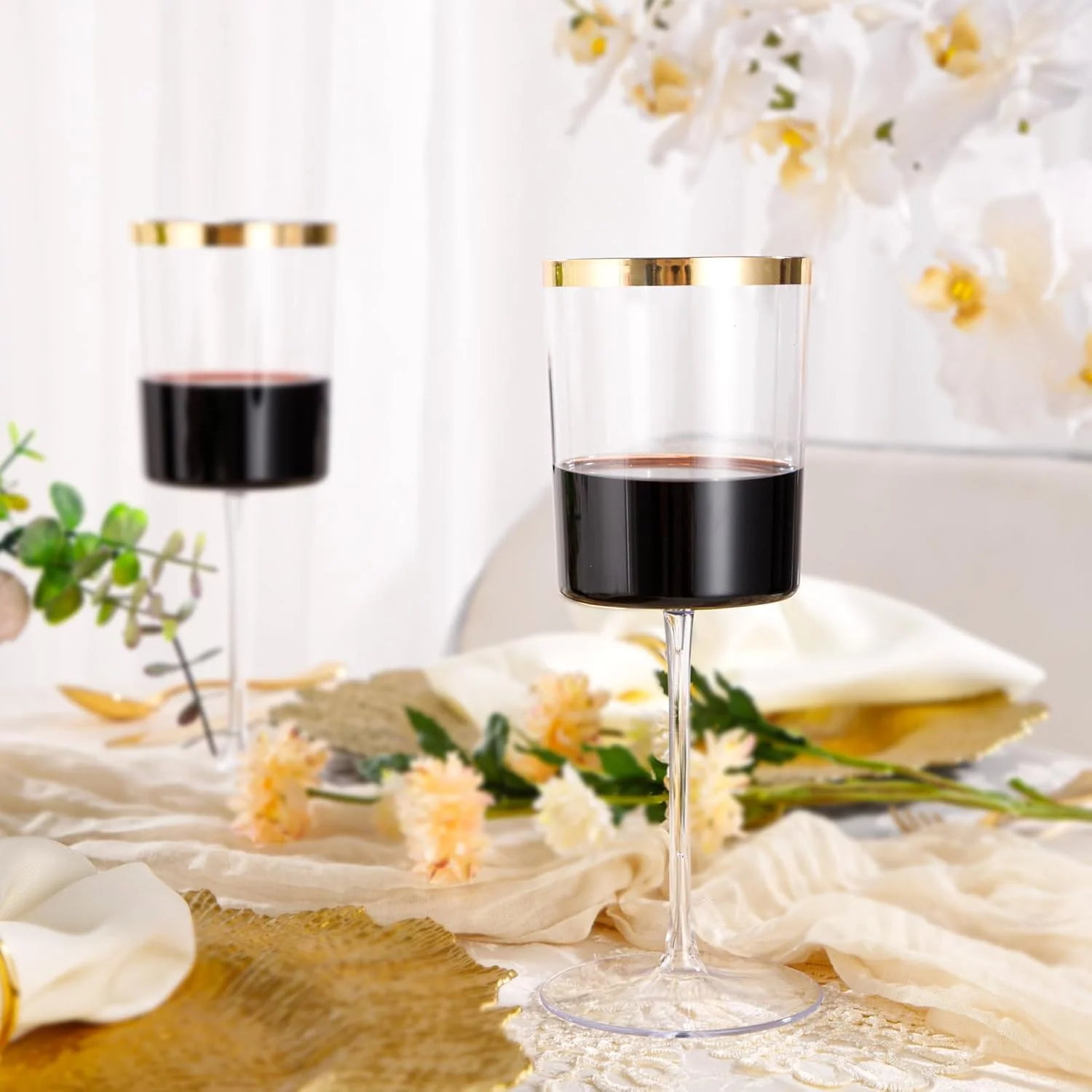 Square Gold Stemmed Plastic Wine Glasses, Large Capacity (14 oz) — view 14