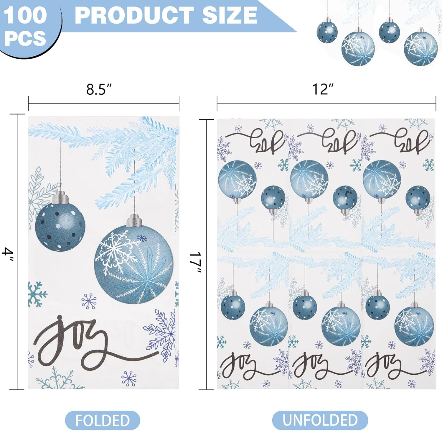 Blue X'mas Balls 100-Count 3-Ply disposable Napkins (100 Pieces) — view 12