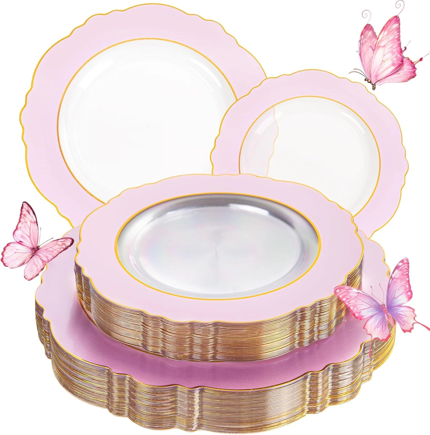 Clear Pink With Gold Rim Baroque Plastic Plates (60 Pieces) — view 11