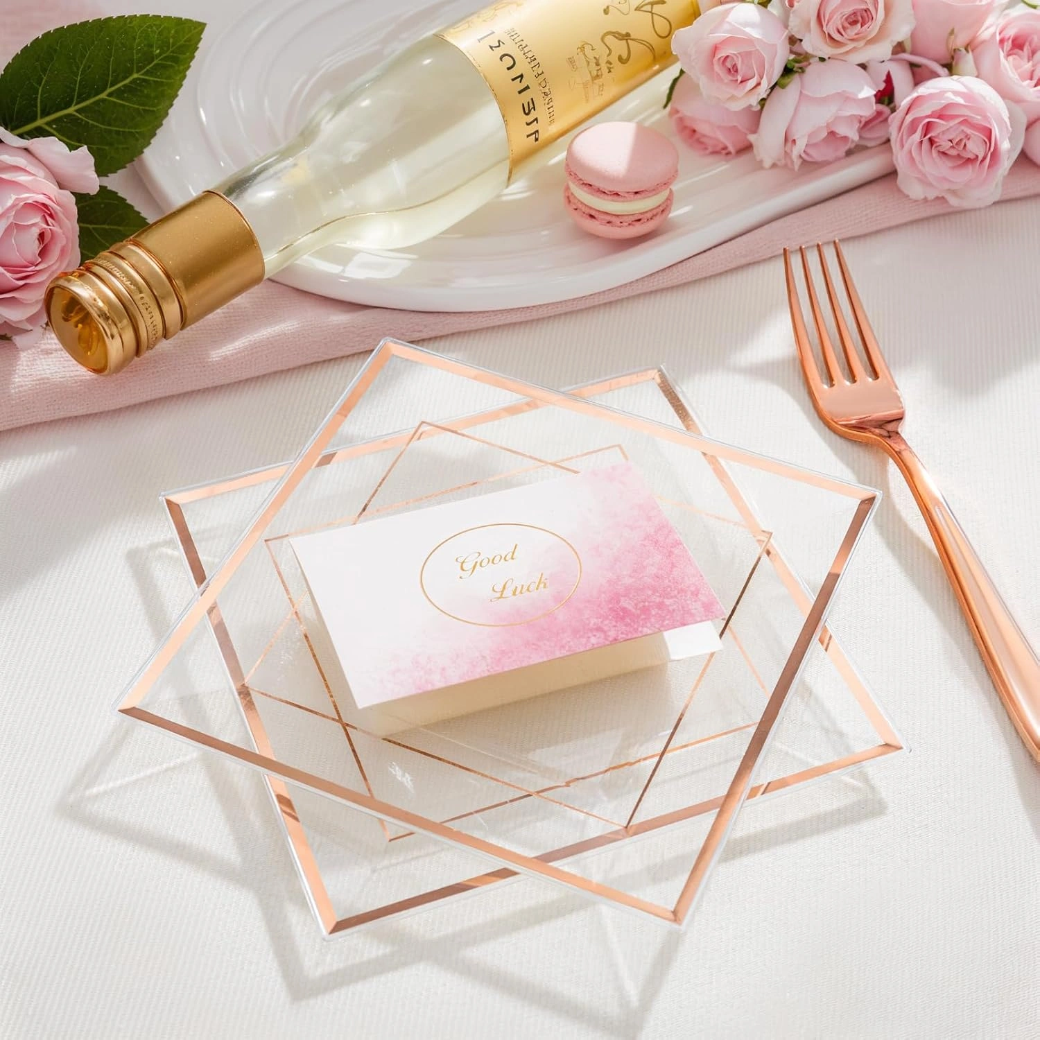Clear Rose Gold Square Plastic Plates-6inch Disposable Cake Plates- Premium Hard Square Small Appetizer Plates for Wedding/Party — view 12
