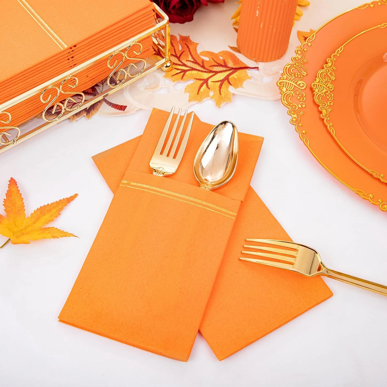 Orange Paper Napkins with Built-in Flatware Pocket — view 16