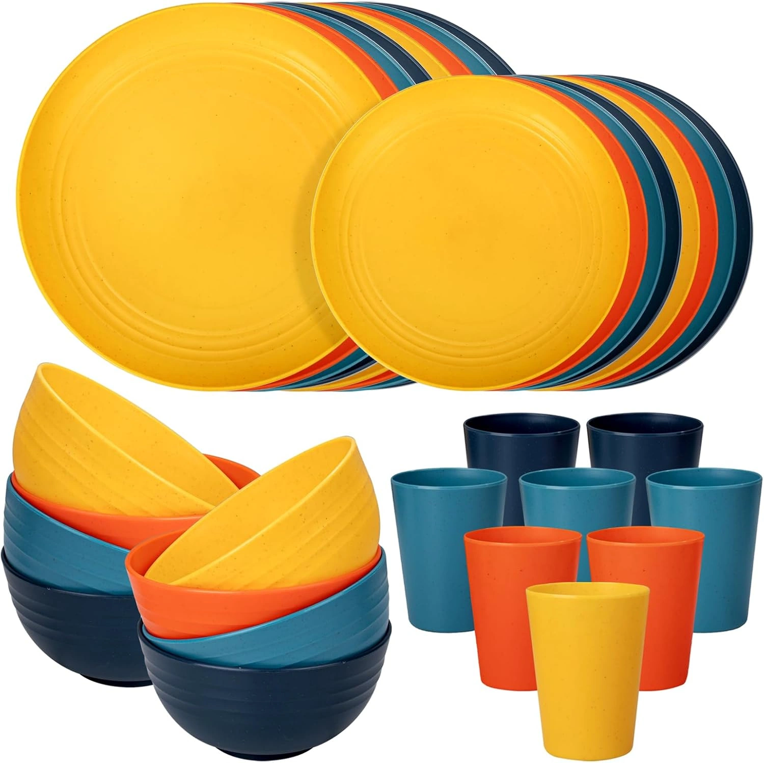 Blue & Dark Blue & Orange & Yellow Wheat Straw Dinnerware Sets,Unbreakable Dinner Plates for 8,Microwave Dishwasher Safe,Reusable ,Set Plates, Bowls, Cups. — view 11