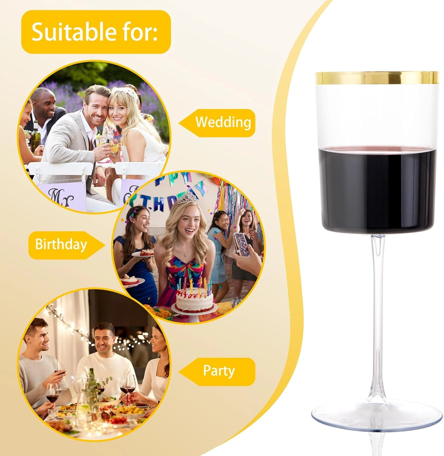 Square Gold Stemmed Plastic Wine Glasses, Large Capacity (14 oz) — view 15