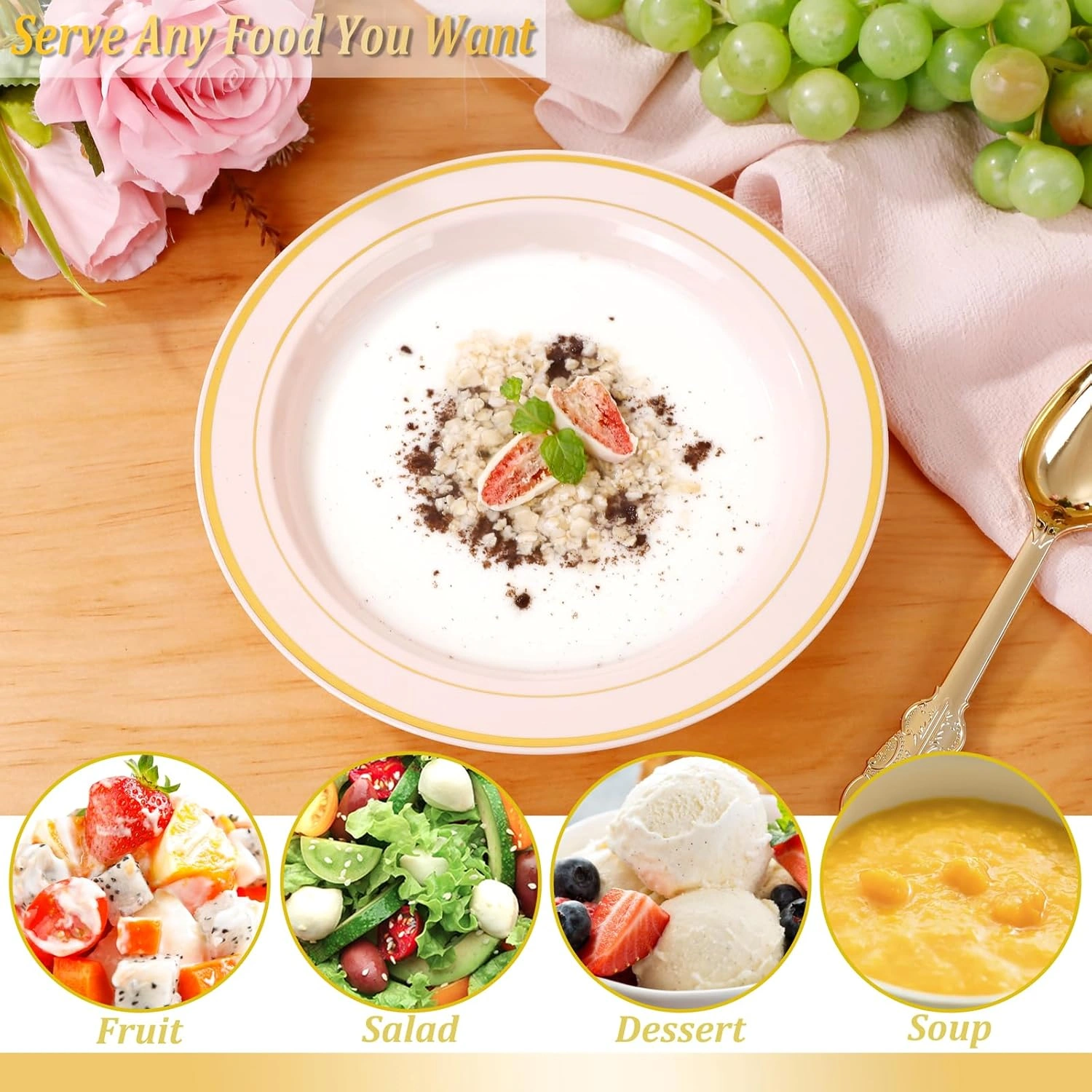 Pink Plastic Bowls with Gold Rim — view 12