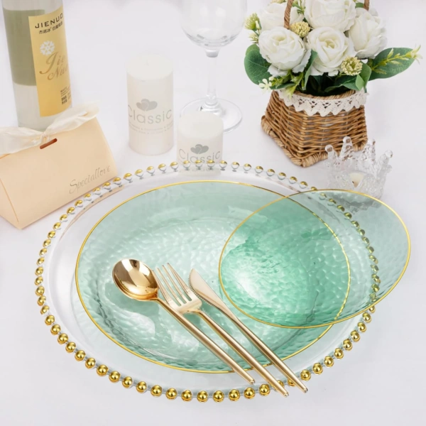 Clear Green Gold Plastic Plates,Disposable Plates With Rim,Heavy-duty Plates,Hammered Party Plates Include 30Clear Dessert-Platos,30Dinner-Platos for Wedding, Party — view 12