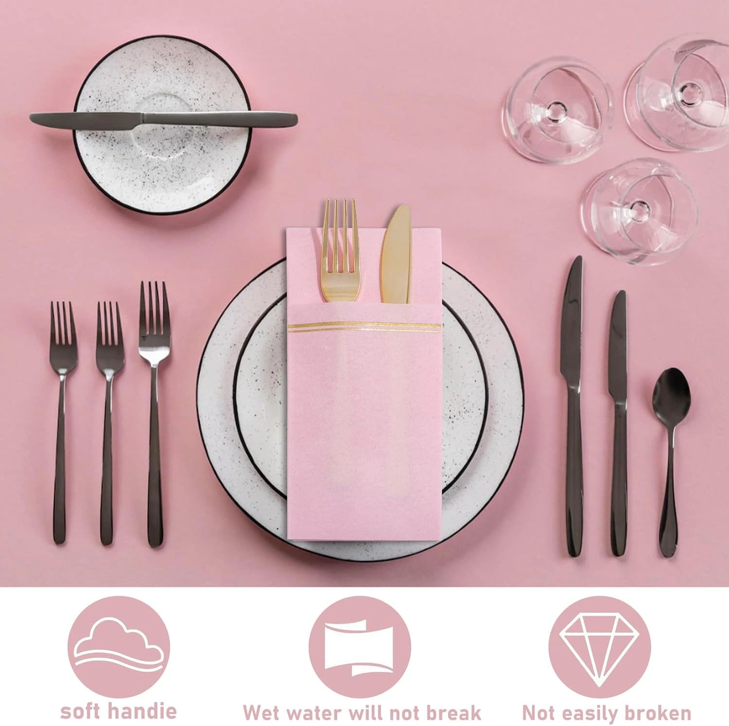 Pink Paper Napkins with Built-in Flatware Pocket — view 14