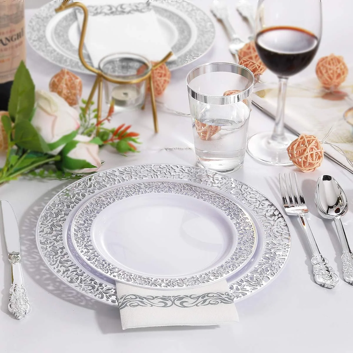 Silver Lace Design Deluxe Disposable Dinnerware Set with Napkins — view 11