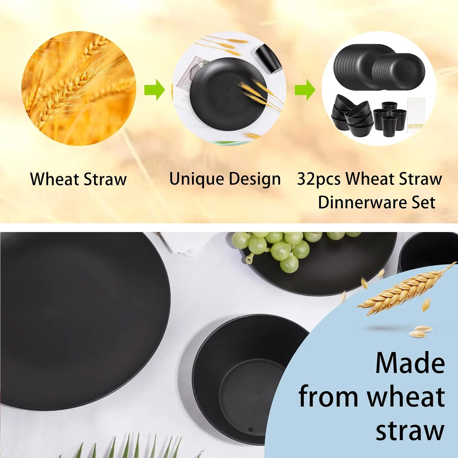 Black Wheat Straw Dinnerware With Sets,Unbreakable Dinner Plates for 8,Microwave Dishwasher Safe,Reusable ,Set Plates, Bowls, Cups. — view 14