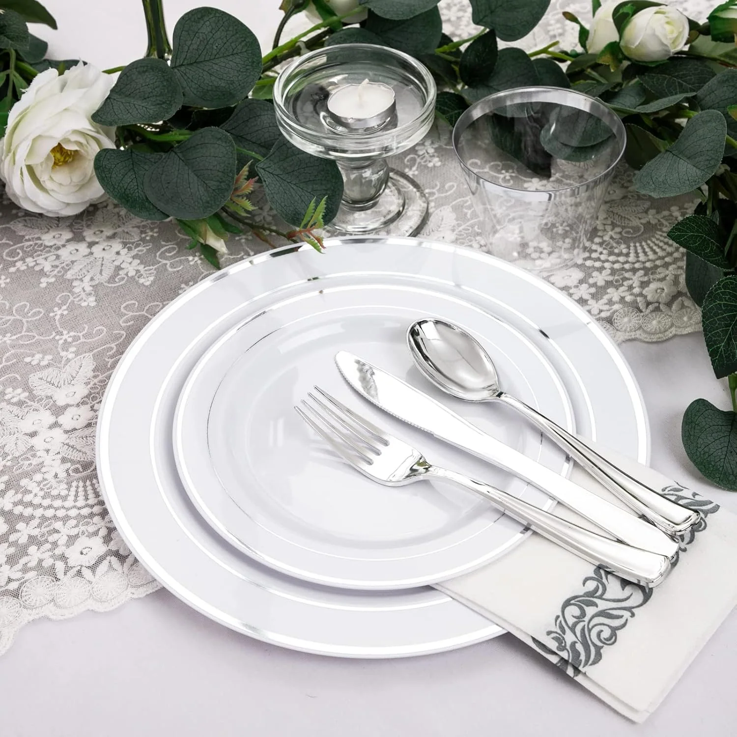 Silver Deluxe Disposable Dinnerware Set with Napkins — view 10